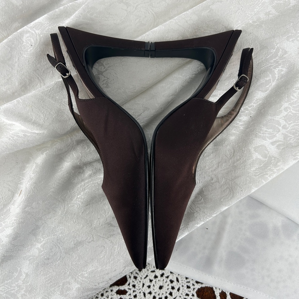 Vintage Nine West Brown Pointed-Toe Satin Slingback Heels - Picture 8 of 8